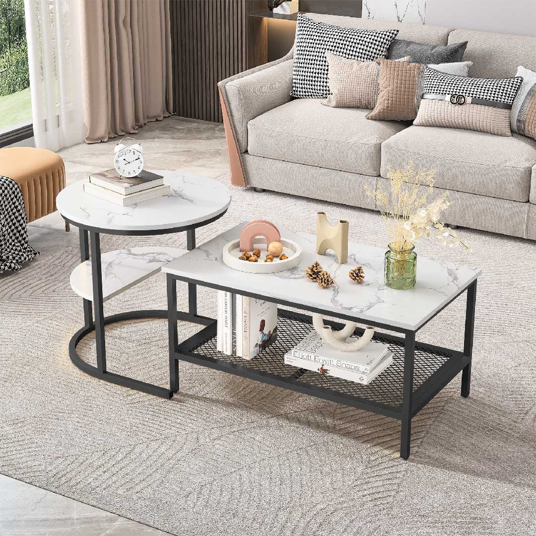 Yelenaro Couchtisch 2er Set – Marmoroptik Gold & Schwarz mit Stauraum
