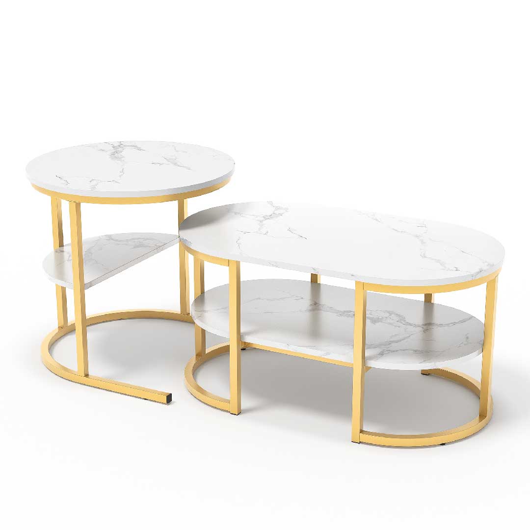Yelenaro Couchtisch 2er Set – Marmoroptik Gold & Schwarz mit Stauraum