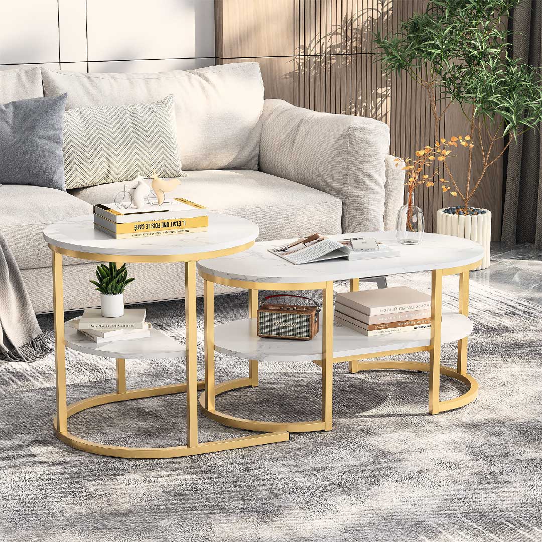 Yelenaro Couchtisch 2er Set – Marmoroptik Gold & Schwarz mit Stauraum