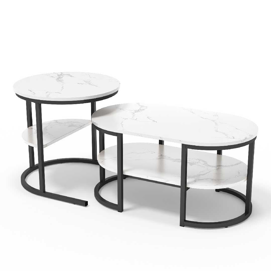 Yelenaro Couchtisch 2er Set – Marmoroptik Gold & Schwarz mit Stauraum