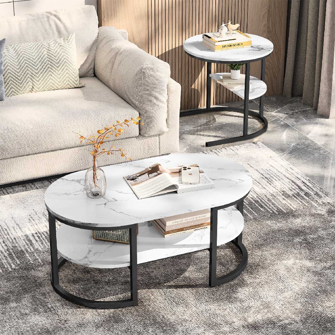 Yelenaro Couchtisch 2er Set – Marmoroptik Gold & Schwarz mit Stauraum