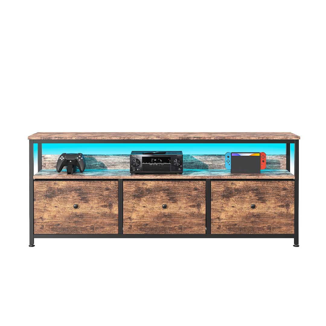 TV-Lowboard 108 cm mit LED-Beleuchtung von Yelenaro – Holzoptik mit 3 Stoffschubladen, kompakter Mediaschrank