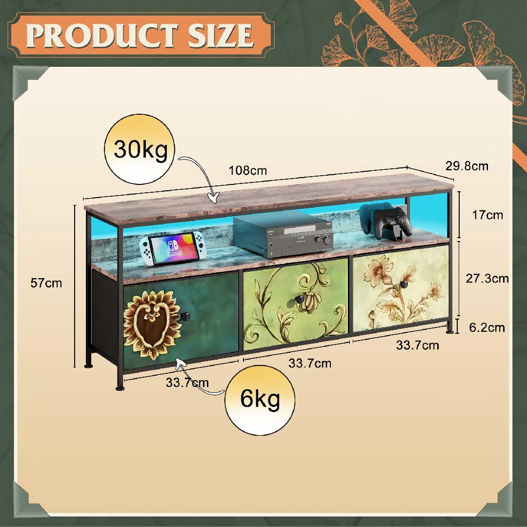 Yelenaro TV-Schrank 108 cm mit LED-Beleuchtung – Maßgrafik mit Abmessungen, Traglast und 3 Stoffschubladen im Retro-Design
