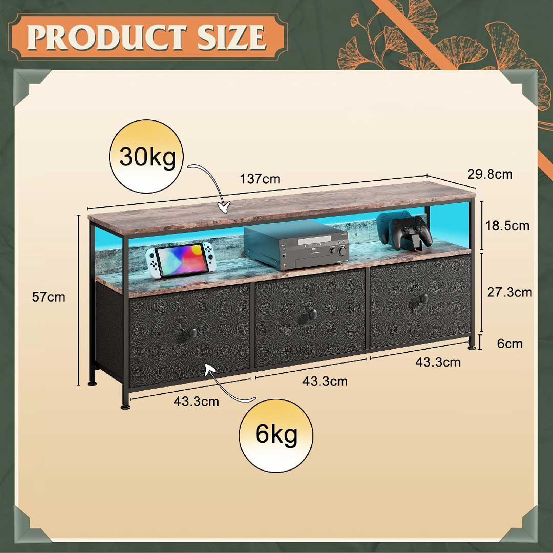 Abmessungen LED TV-Lowboard 137 cm – Yelenaro TV-Möbel mit Stoffschubladen und Metallrahmen