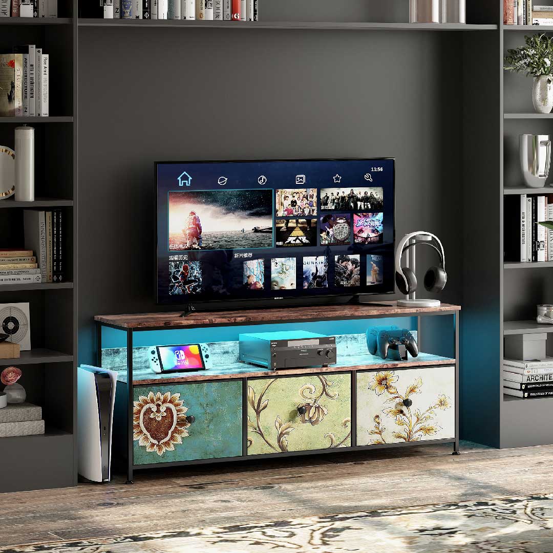 Yelenaro LED TV-Lowboard mit dekorativen Stoffschubladen – Retro TV-Möbel 137 cm