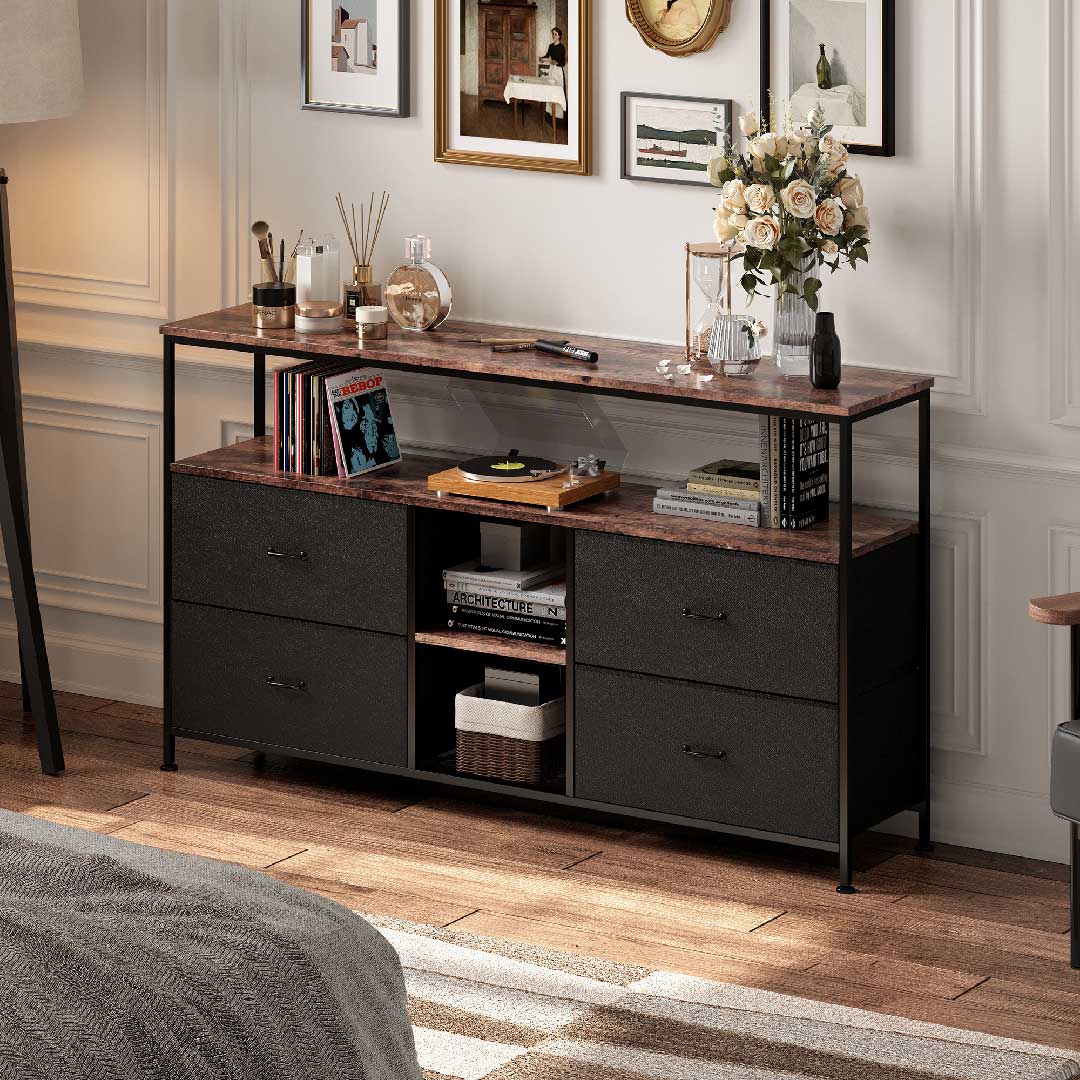 Yelenaro TV-Schrank 108 cm mit LED-Beleuchtung und 4 Stoffschubladen als stilvoller Stauraumschrank im Wohnraum