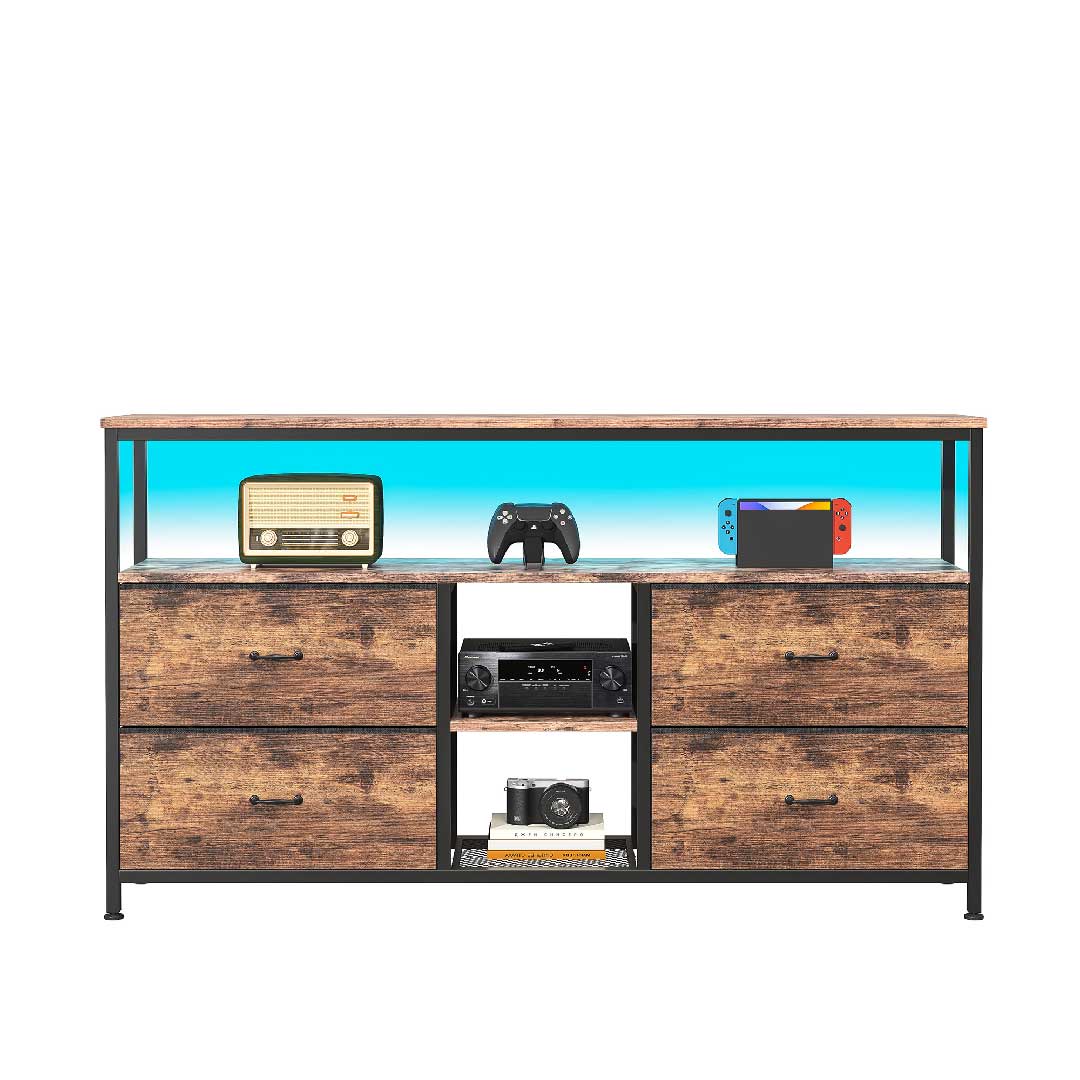 Retro Yelenaro TV-Schrank 108 cm mit LED, Holzoptik und vier Stoffschubladen für Wohnzimmer oder Schlafzimmer