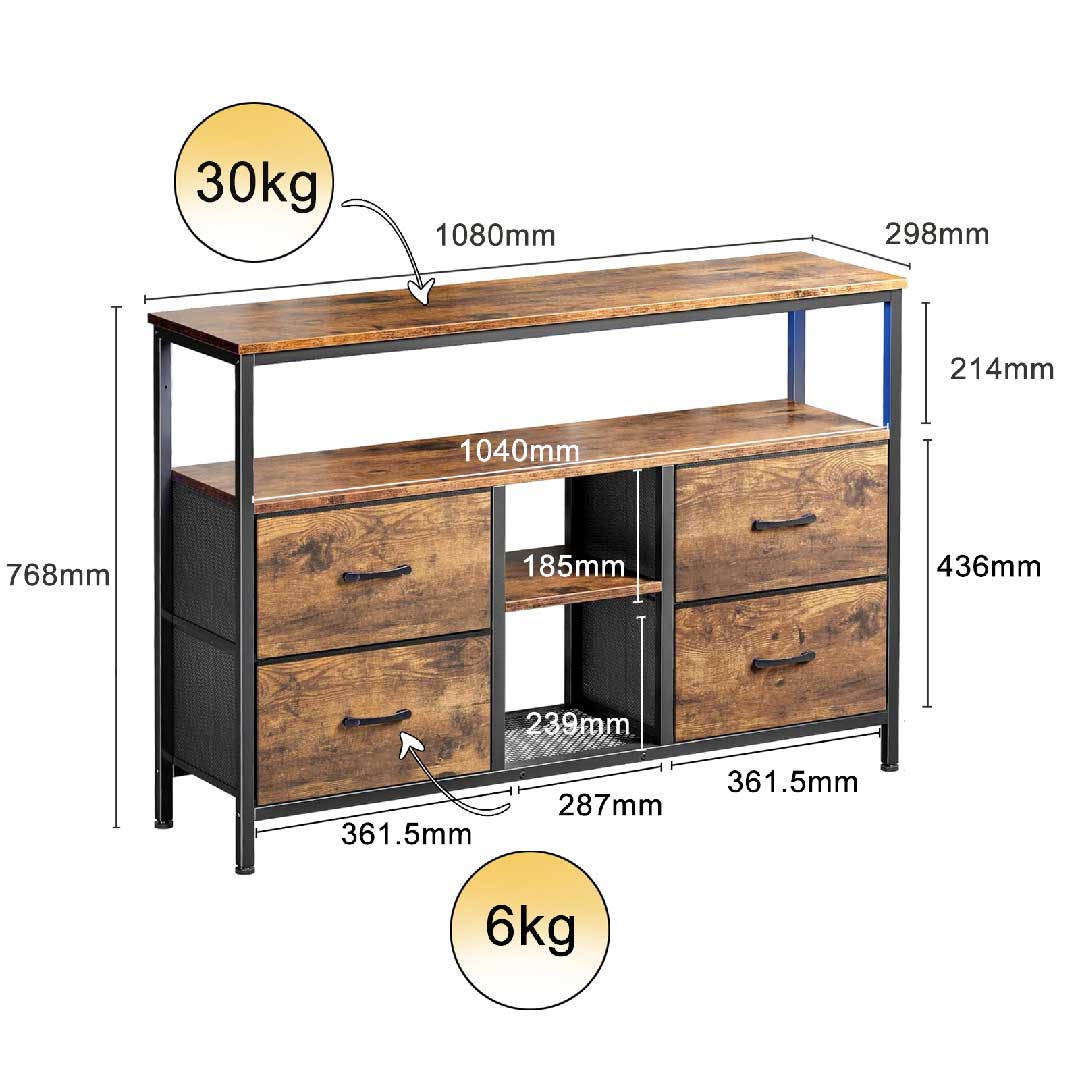 Abmessungen des Yelenaro TV-Schranks 108 cm mit LED-Beleuchtung, Stoffschubladen und Mittelablage