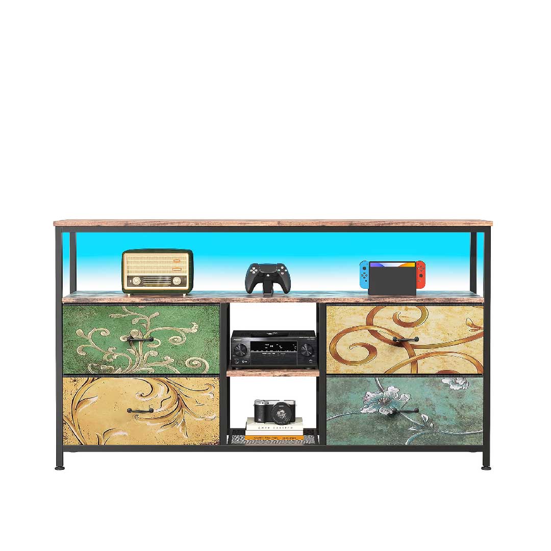 Yelenaro TV-Schrank 108 cm mit LED und farbigen Stoffschubladen, offenes Fach für Receiver oder Konsole