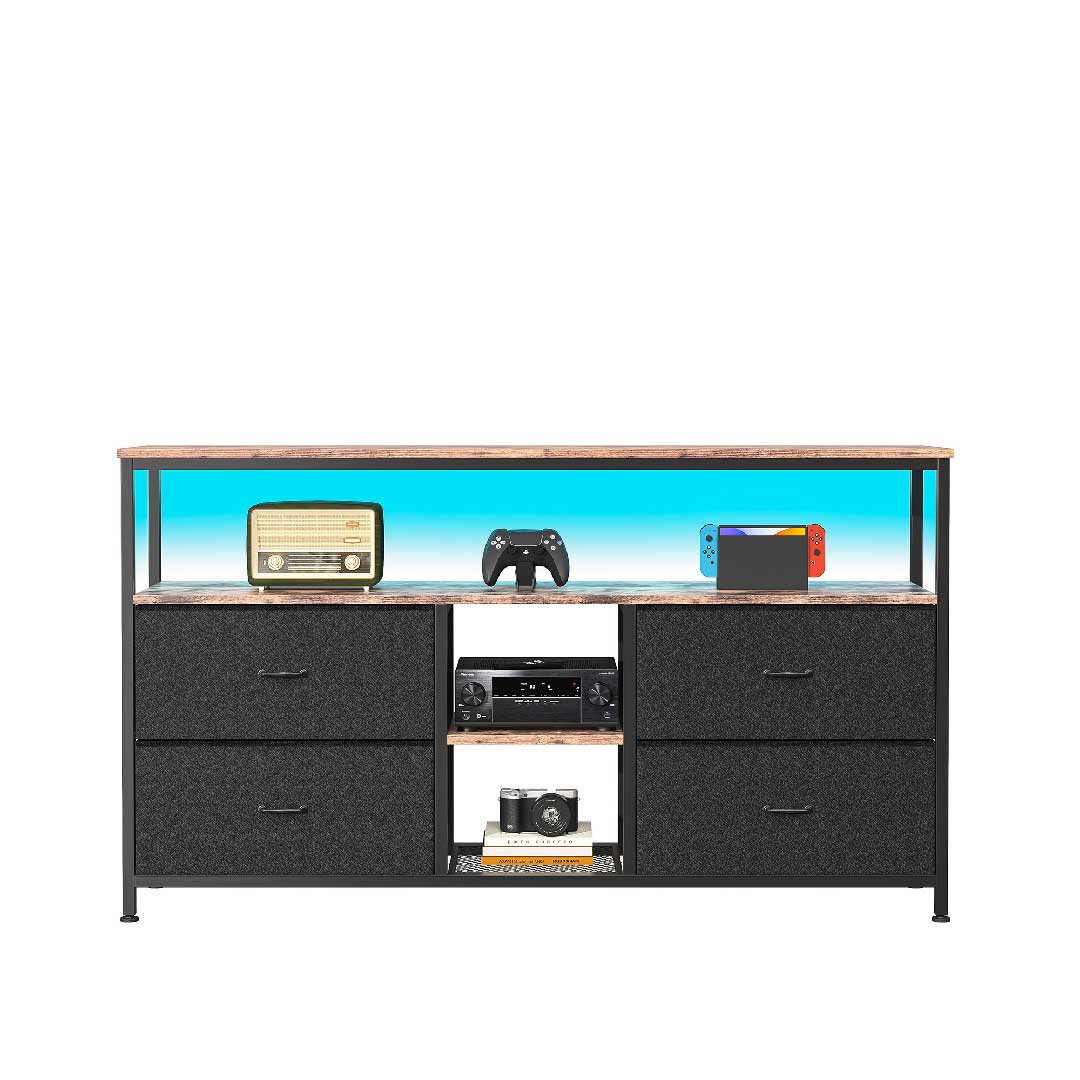 Yelenaro LED TV-Schrank 137 cm in schwarzem Stoffdesign, viel Stauraum ohne wuchtig zu wirken