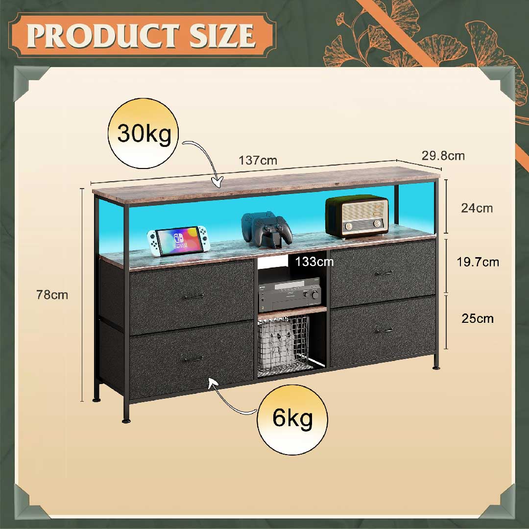 Maßgrafik des Yelenaro TV-Schranks 137 cm mit LED, Höhen- und Breitenangaben für Wohnräume