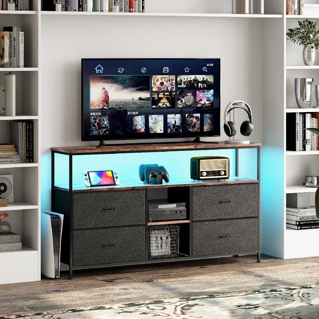 TV-Schrank 137 cm breit und 78 cm hoch mit LED-Beleuchtung und Stoffschubladen, ideal für Wohnzimmer