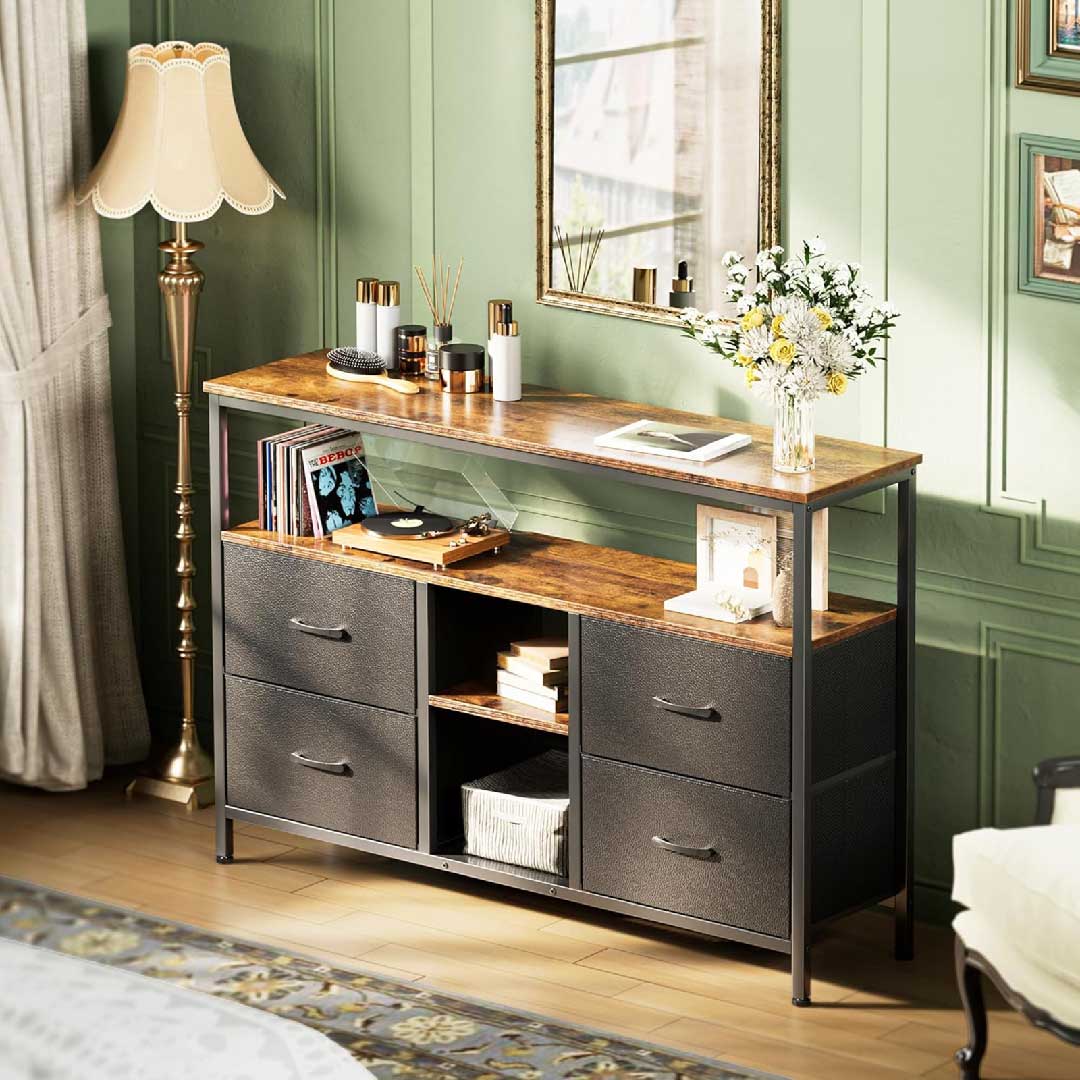 TV-Schrank mit 4 Stoffschubladen und LED-Beleuchtung von Yelenaro, moderne Wohnwand-Lösung