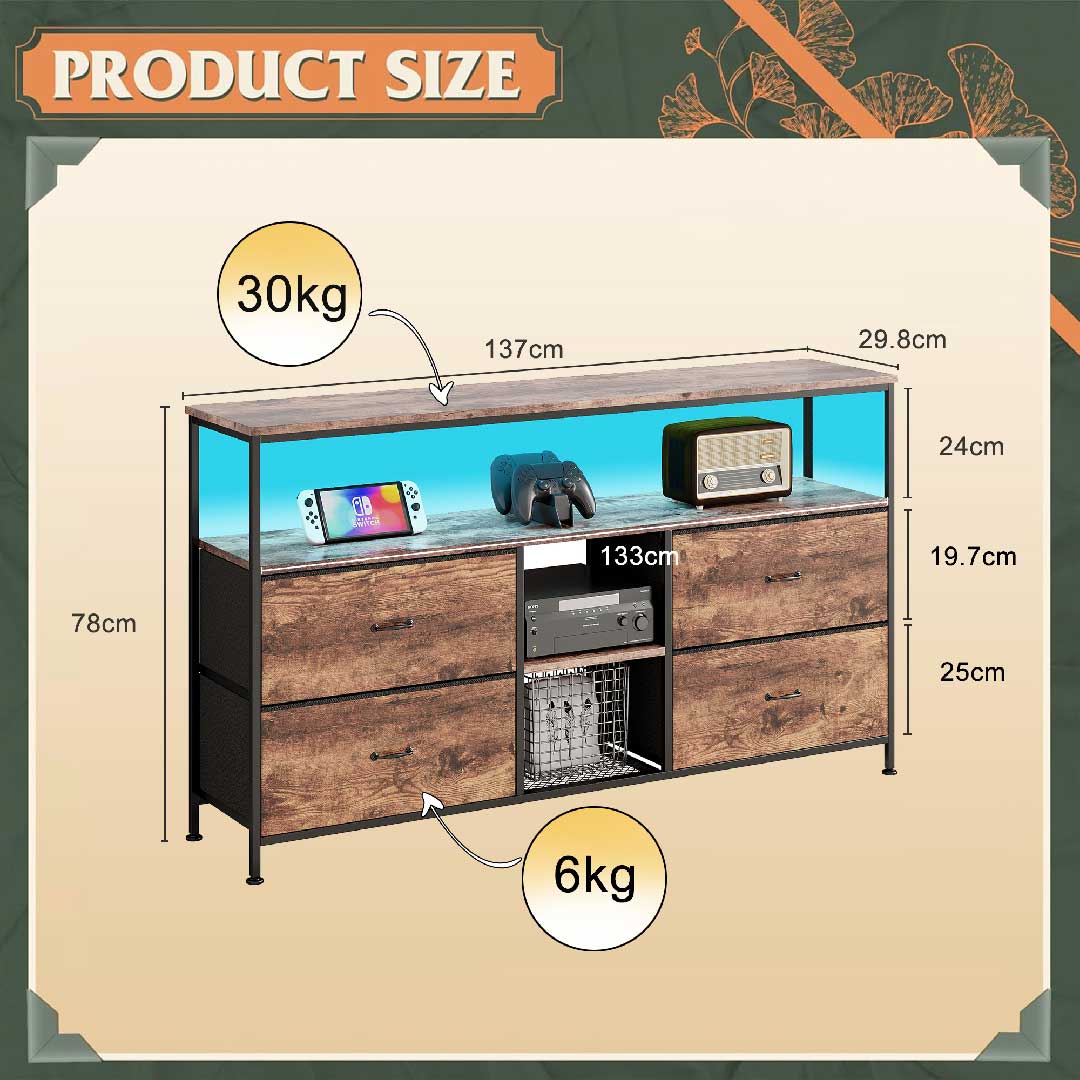 Hoher TV-Schrank 137 cm von Yelenaro mit LED-Lichtleiste, Maßangaben und Stauraumübersicht