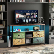 Yelenaro TV-Schrank mit LED und gemusterten Stoffschubladen, offenes Mittelregal für Mediengeräte