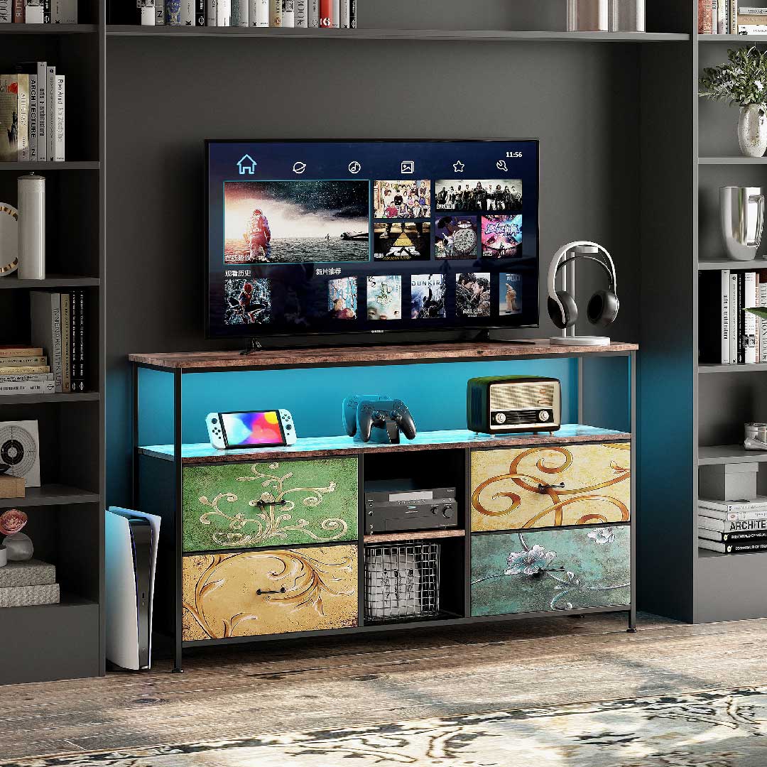Yelenaro TV-Schrank mit LED und gemusterten Stoffschubladen, offenes Mittelregal für Mediengeräte