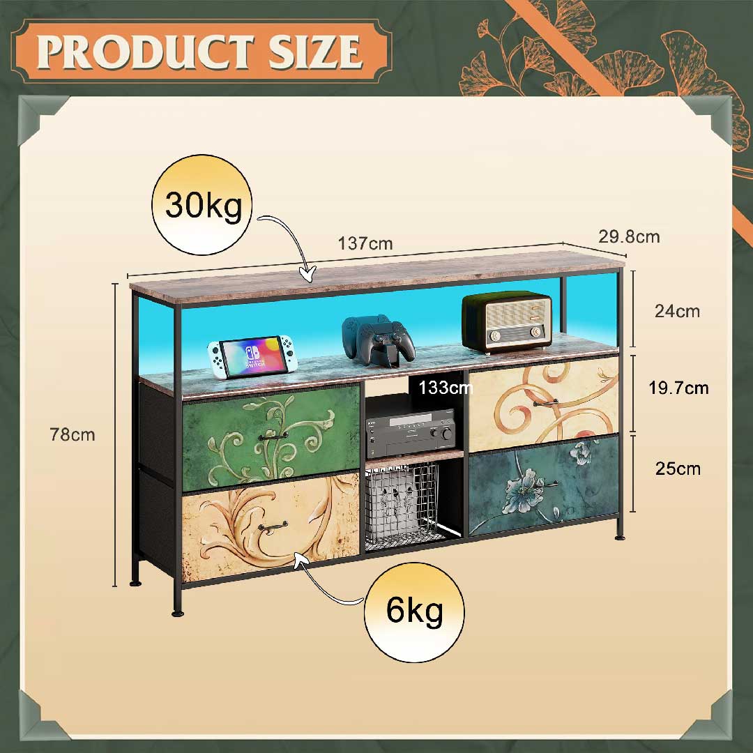 Hoher TV-Schrank 137 cm mit LED-Licht und Vintage-Optik, vielseitiger Stauraum für Wohnzimmer
