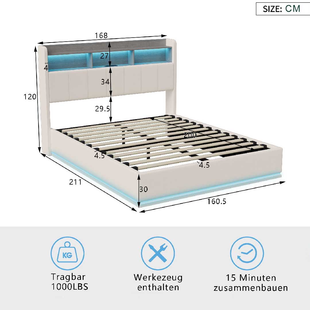 Hydraulisches Stauraumbett 160x200 cm mit LED und USB – detaillierte Maßangaben des Polsterbetts mit Bettkasten