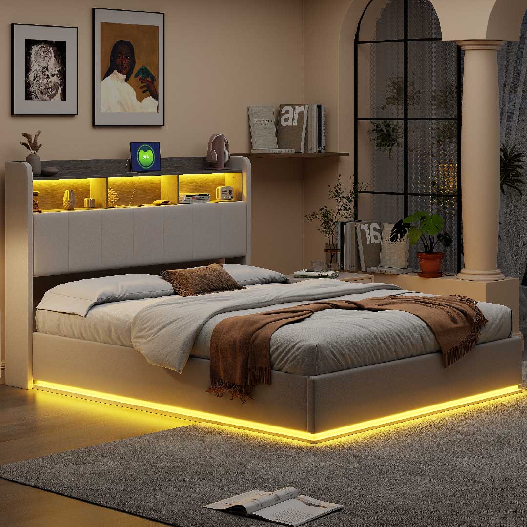 Polsterbett mit LED-Beleuchtung und USB-Anschluss – warmes Licht für modernes Schlafzimmer, Stauraumbett 140/160x200 cm
