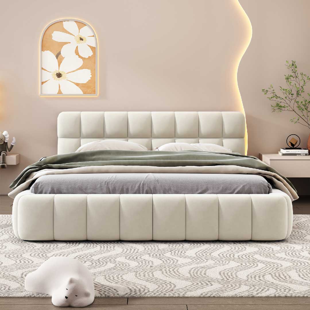 Luxuriöses Yelenaro Polsterbett 160x200 – Doppelbett in Beige mit gepolstertem Kopfteil, gemütlich und stilvoll zugleich.