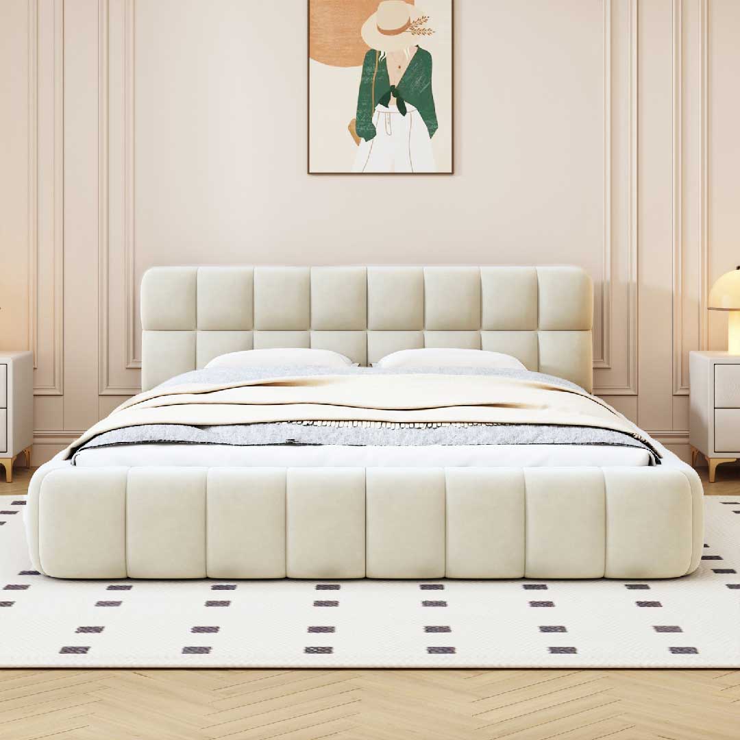 Yelenaro Bubble-Polsterbett – modernes Doppelbett 160x200 in Beige mit Leinenbezug, Holzrahmen und weicher Rundpolsterung.