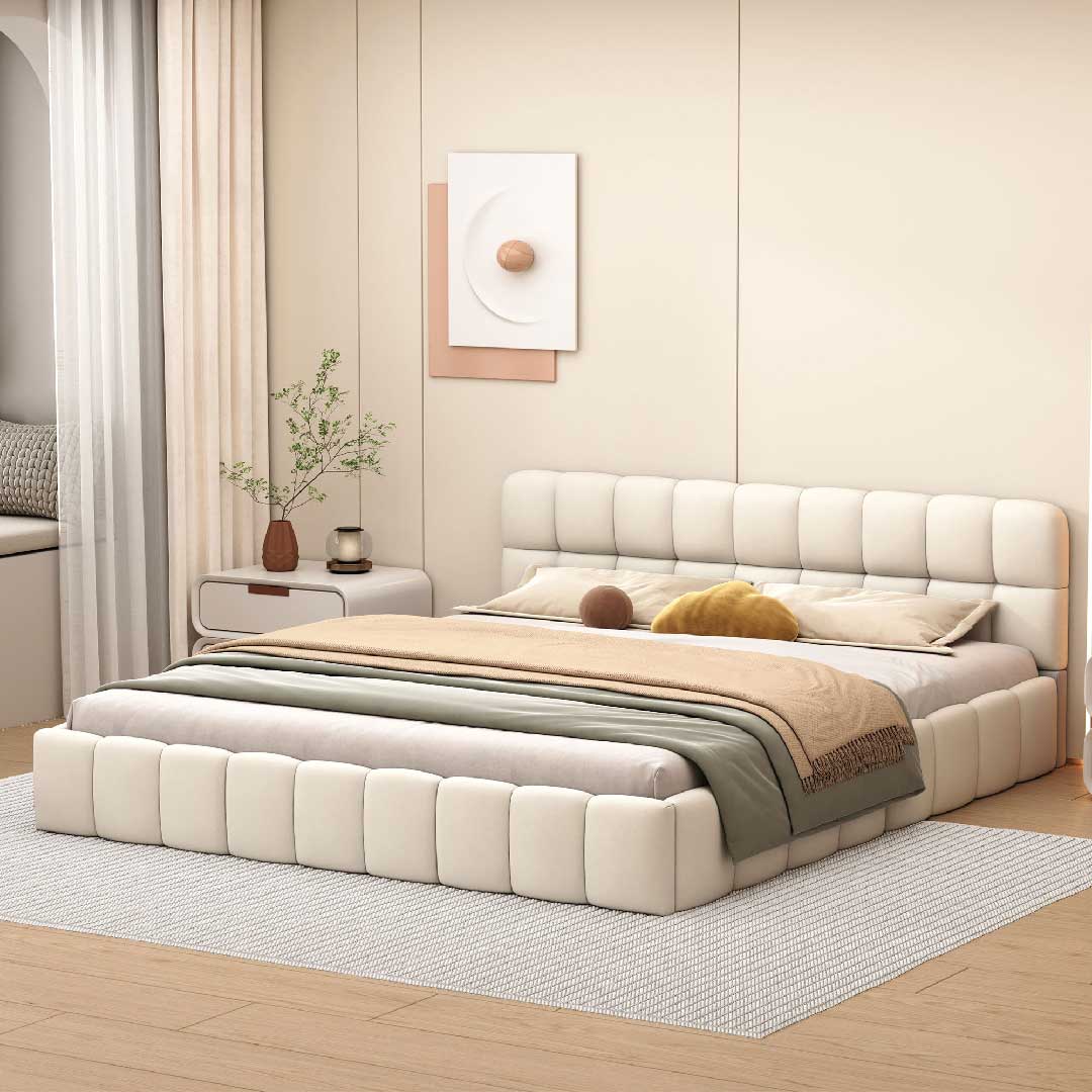 Yelenaro Polsterbett 160x200 cm – komfortables Doppelbett mit abgerundetem Design und gepolstertem Kopfteil.