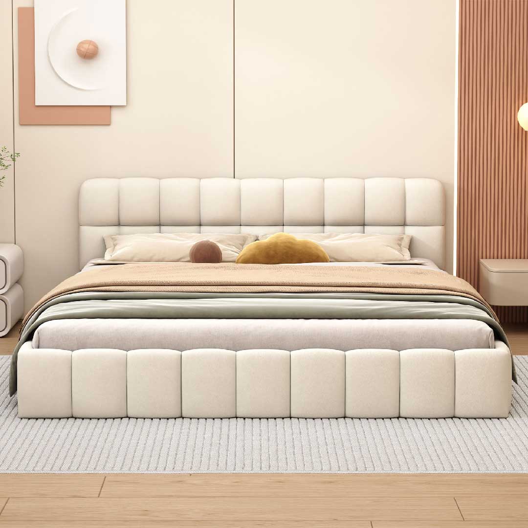 Bubble-Design Polsterbett von Yelenaro – elegantes Leinenbett 160x200 für modernes Schlafzimmer, weich & pflegeleicht.