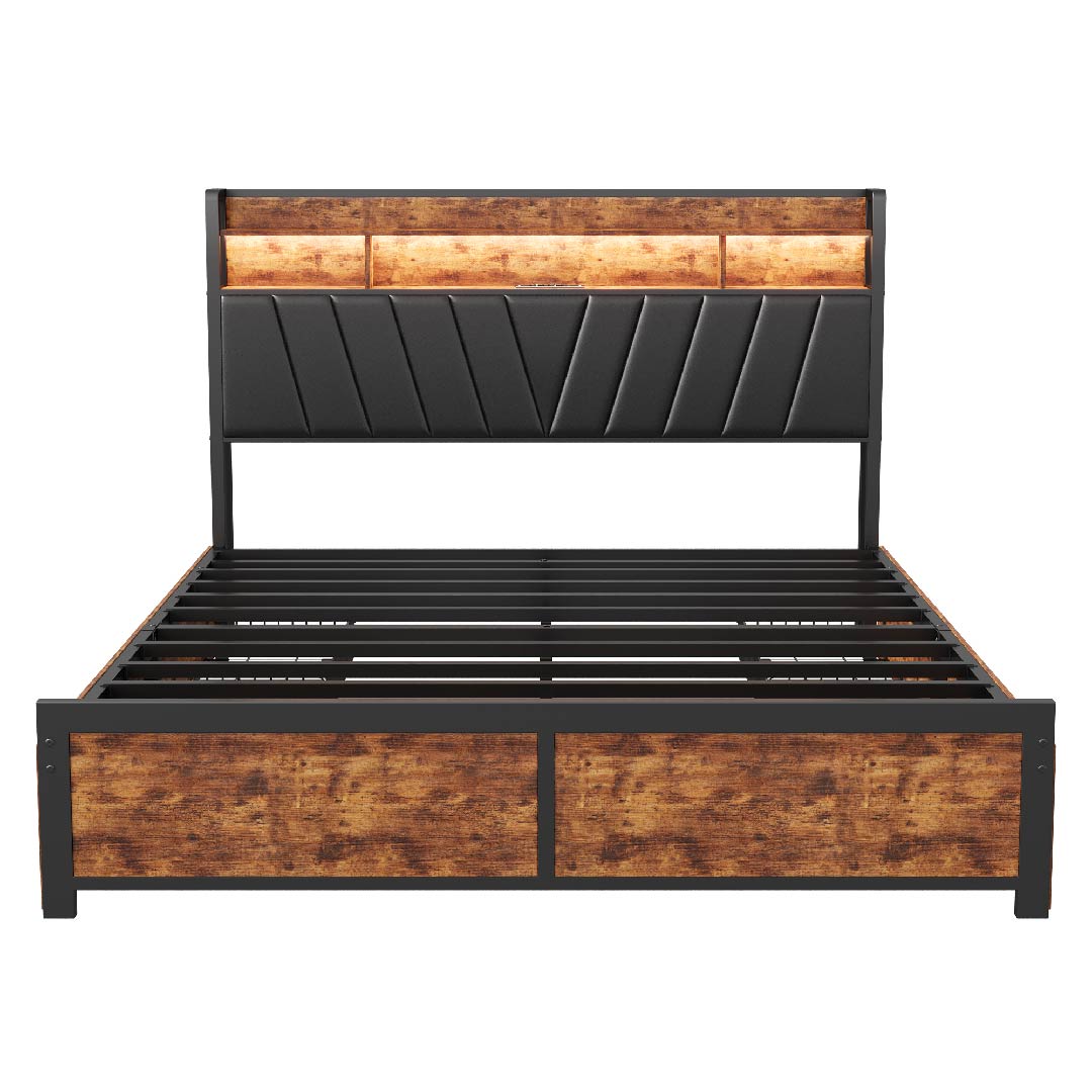 Metall-Holz Bettgestell im Industrie-Stil mit gepolstertem Kopfteil, integrierter LED-Leiste und stabilem Lattenrost