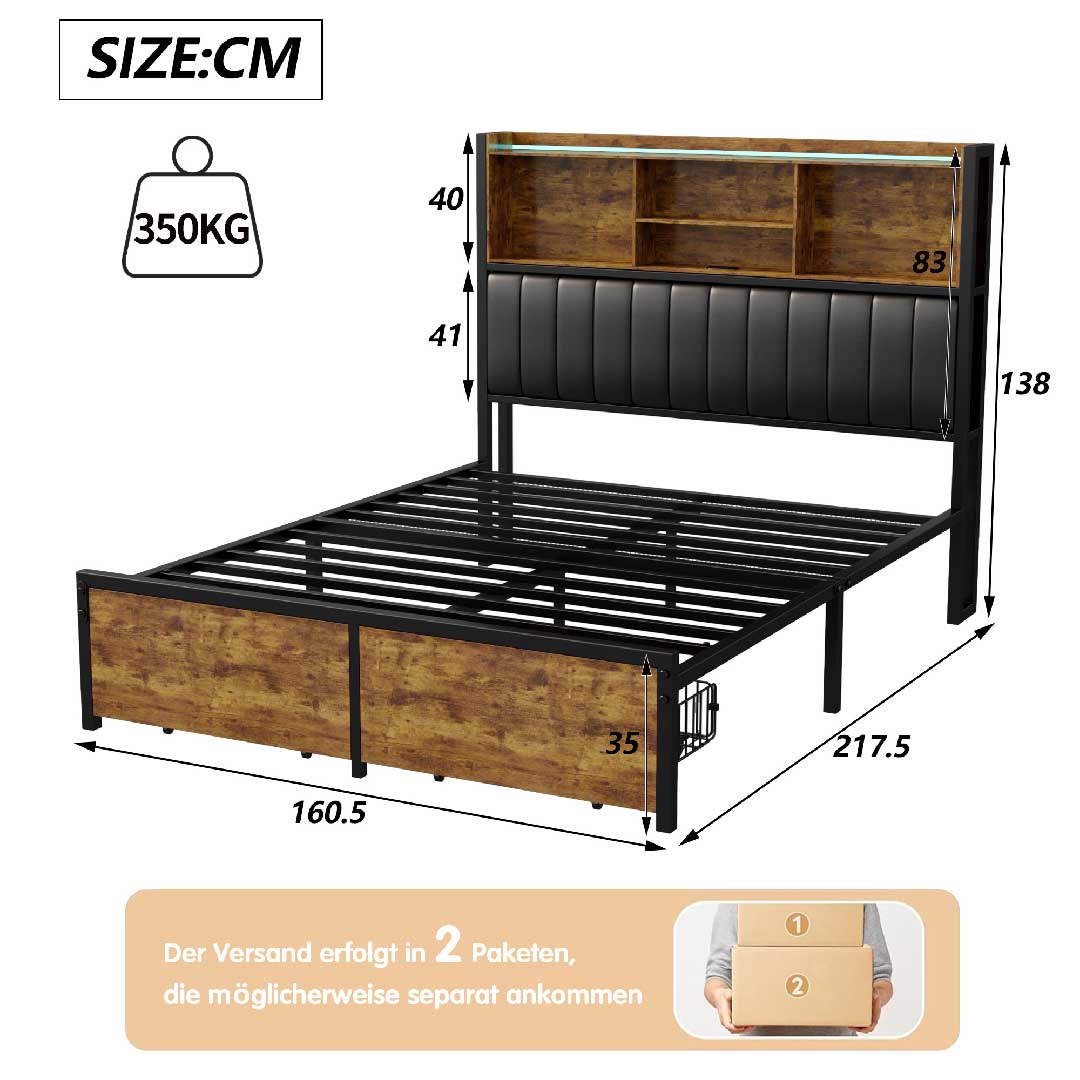 Metall-Holz-Bett 160x200 cm mit Schubladen und USB-Anschluss – Maßzeichnung