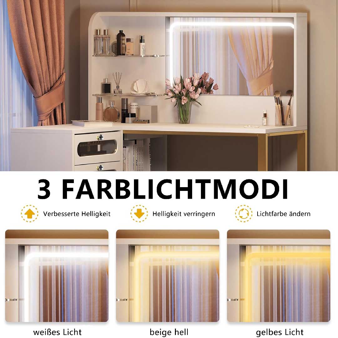 Yelenaro L-Schminktisch mit LED-Spiegel & Hocker