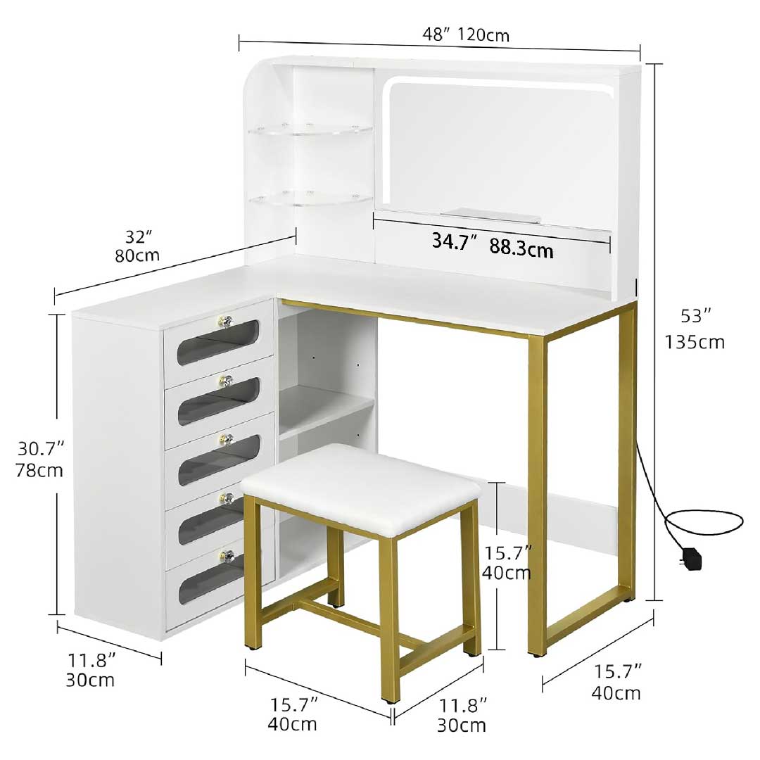 Yelenaro L-Schminktisch mit LED-Spiegel & Hocker