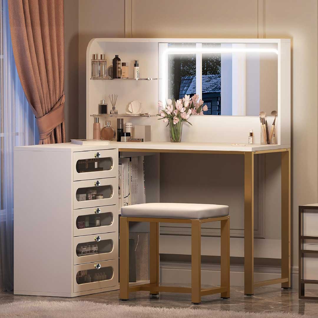 Yelenaro L-Schminktisch mit LED-Spiegel & Hocker