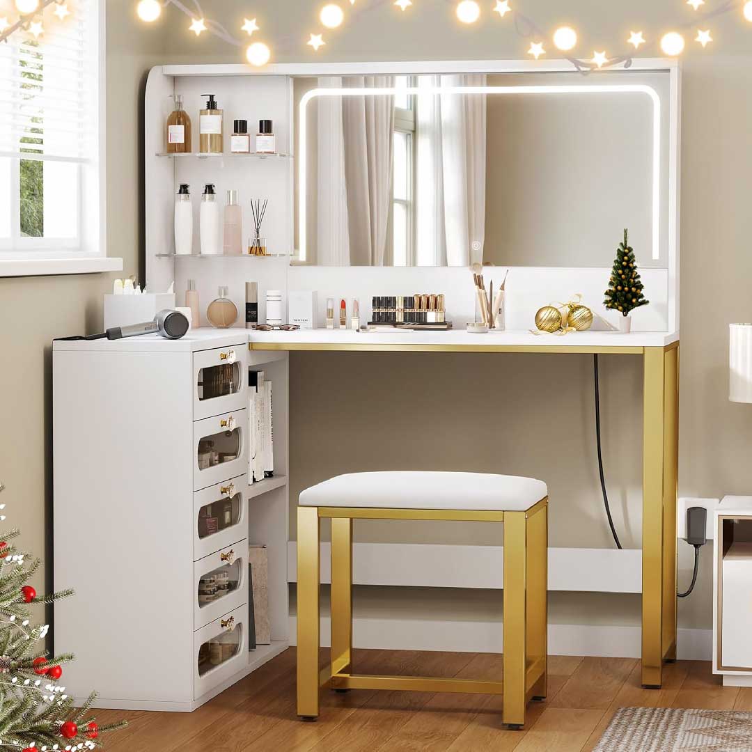 Yelenaro L-Schminktisch mit LED-Spiegel & Hocker