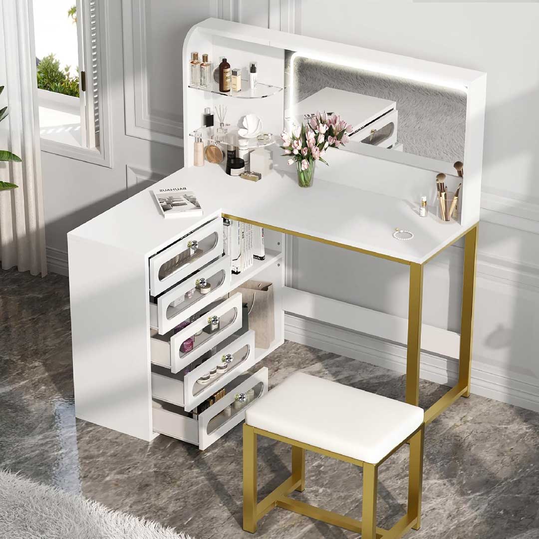 Yelenaro L-Schminktisch mit LED-Spiegel & Hocker