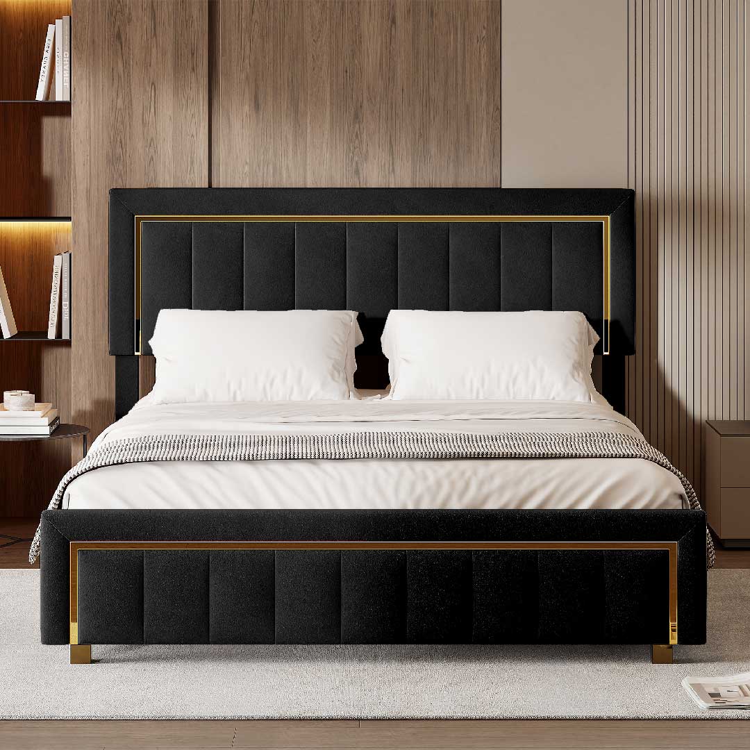 Schwarzes Yelenaro Samt-Polsterbett mit Stauraum, modernes Design für stilvolle Schlafzimmer