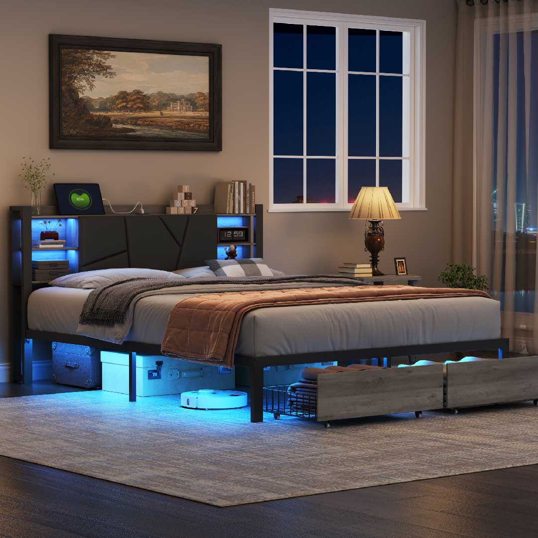Modernes Yelenaro LED-Bett mit USB und Stauraum im Schlafzimmer, gepolstertes Kopfteil und integrierte Beleuchtung
