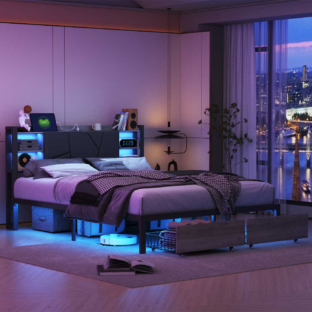Bett mit integrierter LED-Beleuchtung und Stauraum, funktionales Design für modernes Wohnen