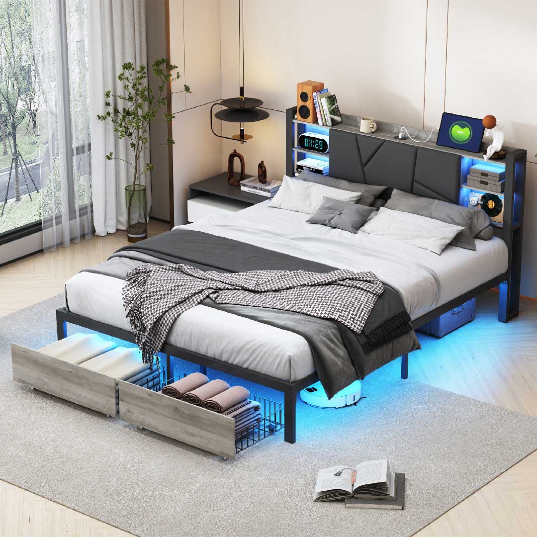 Stabiles Polsterbett mit LED-Beleuchtung und Schubladen, modernes Schlafzimmermöbel für Komfort und Ordnung