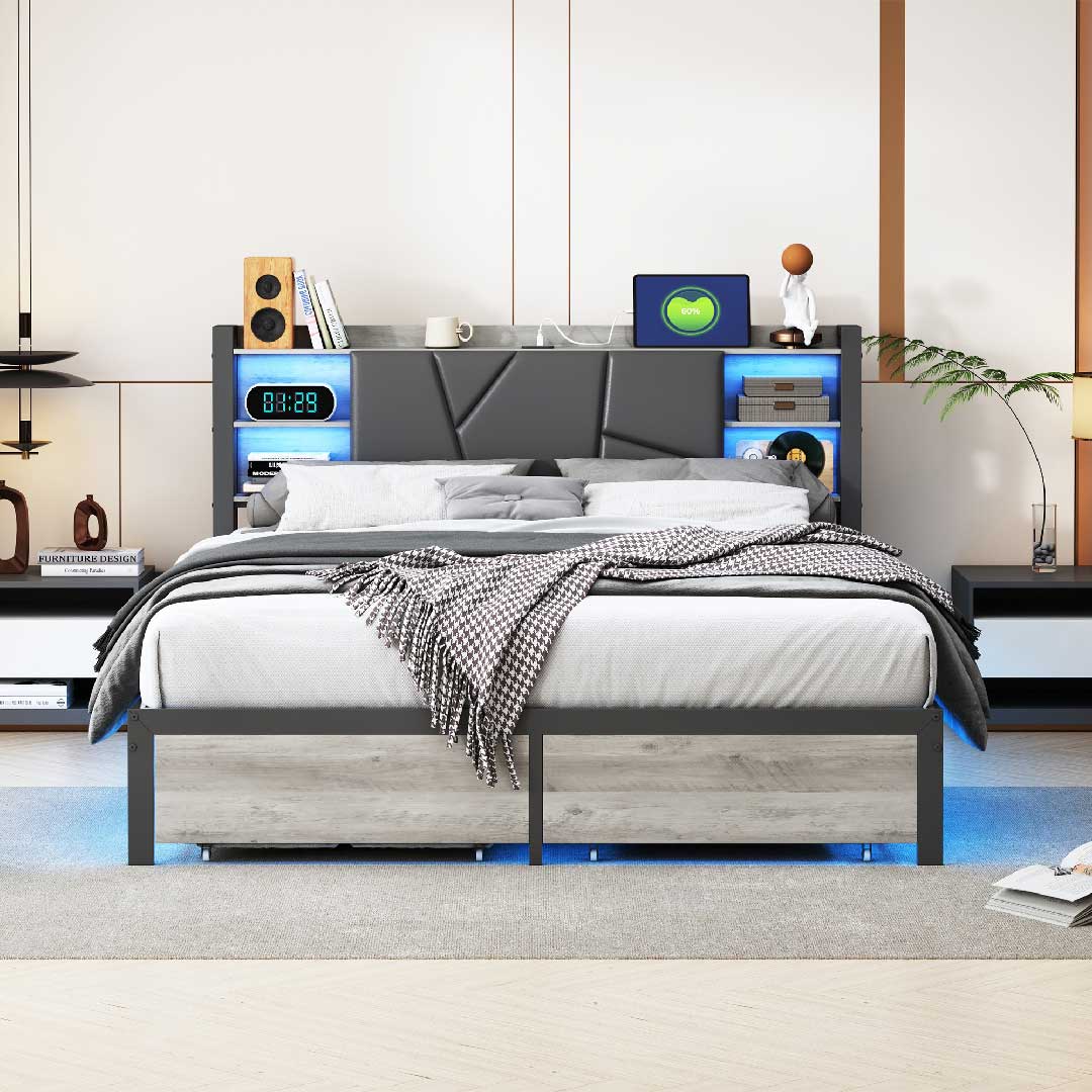 LED-Bett mit gepolstertem Kopfteil, Ablagefächern und USB-Ladestation für den Alltag