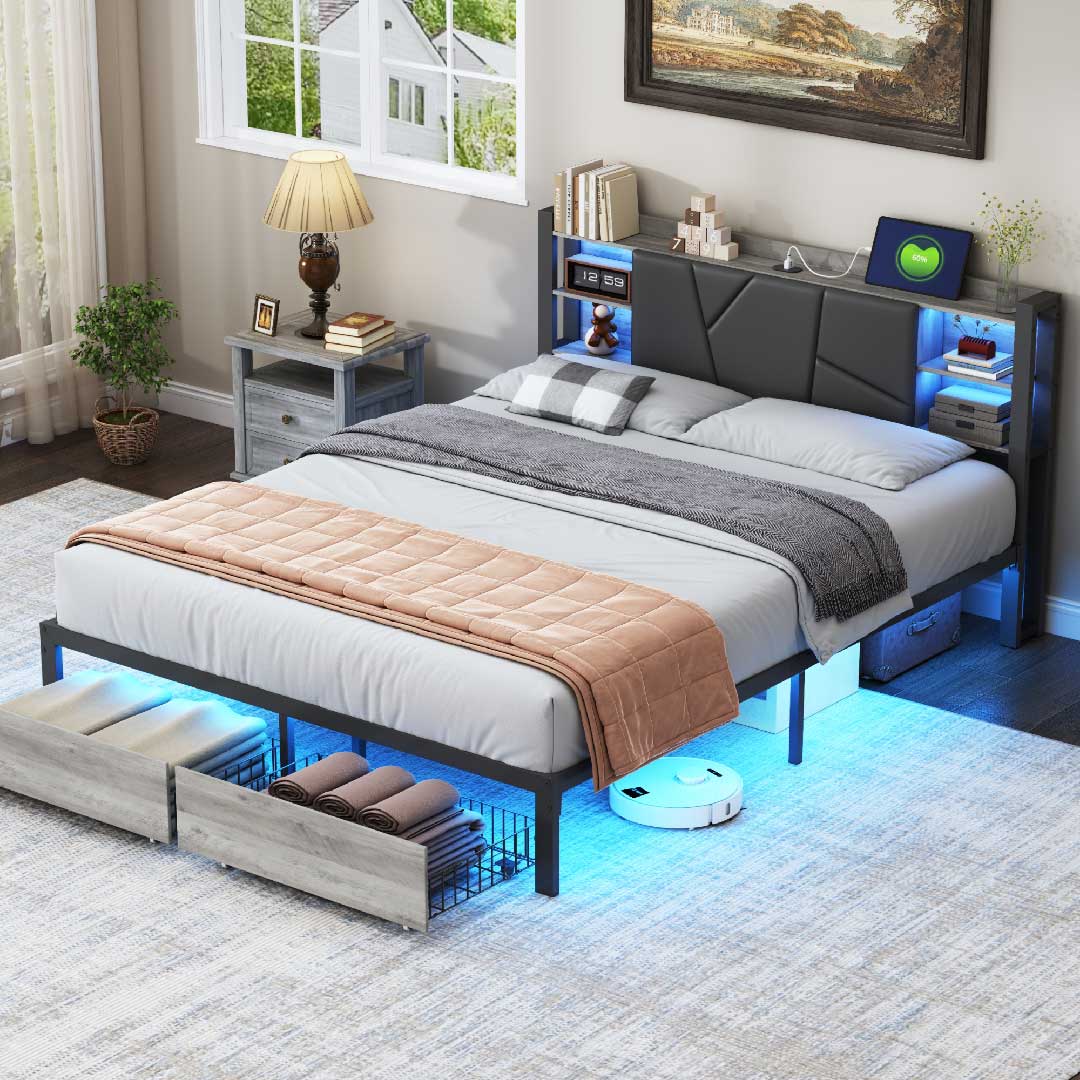 Polsterbett mit praktischem Stauraum und Schubladen unter dem Bett, ideal für Schlafzimmer mit wenig Platz