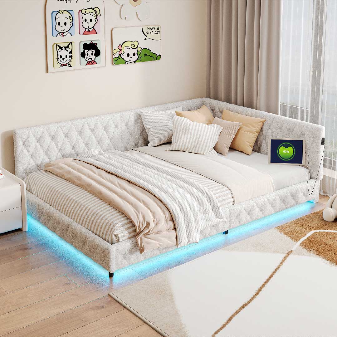 Yelenaro Sofa Bett 140×200 cm – Tagesbett mit LED-Beleuchtung & USB-Anschluss, Polsterbett aus Lammwolle, Schlafsofa mit Lattenrost