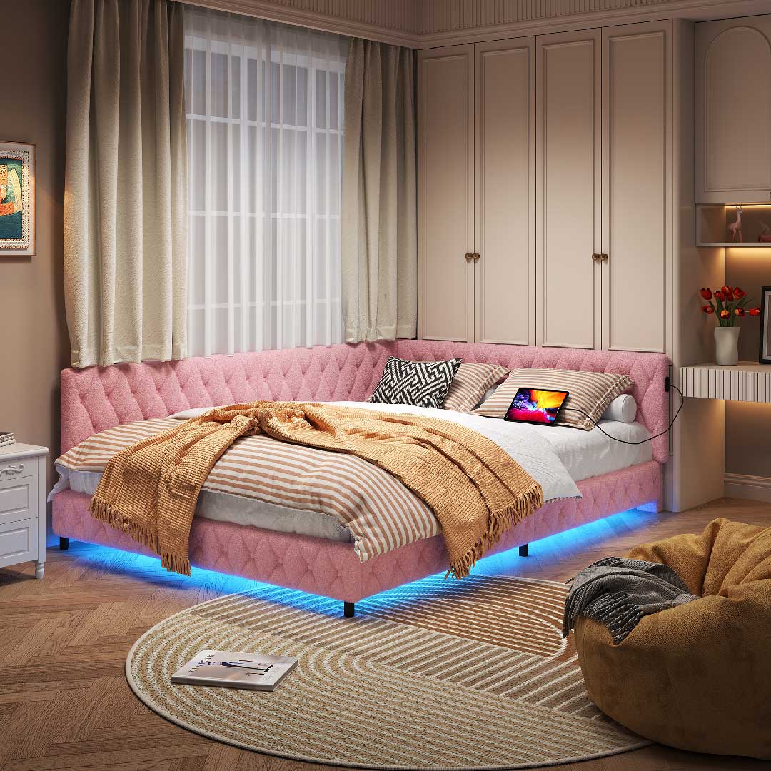 Yelenaro Sofa Bett 140×200 cm – Tagesbett mit LED-Beleuchtung & USB-Anschluss, Polsterbett aus Lammwolle, Schlafsofa mit Lattenrost