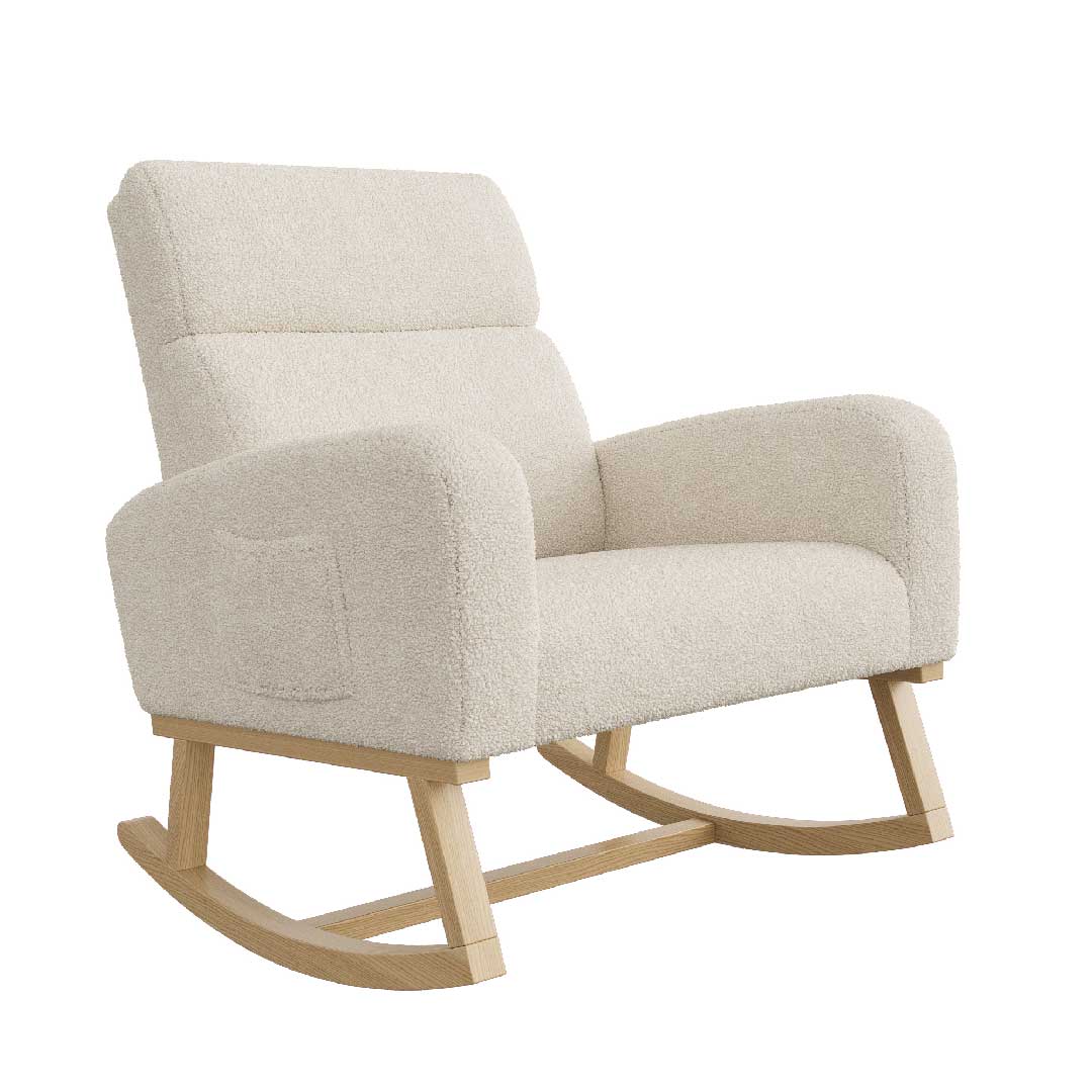 Yelenaro Schaukelstuhl aus Teddy-Stoff in Creme, gepolsterter Relaxsessel mit Holzsockel und ruhiger Schaukelbewegung