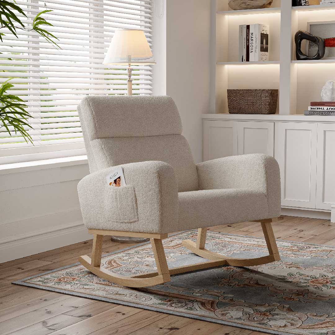 Yelenaro Schaukelstuhlsofa Dunkelgrau – Teddy Relaxsessel mit Holzsockel & Seitentaschen