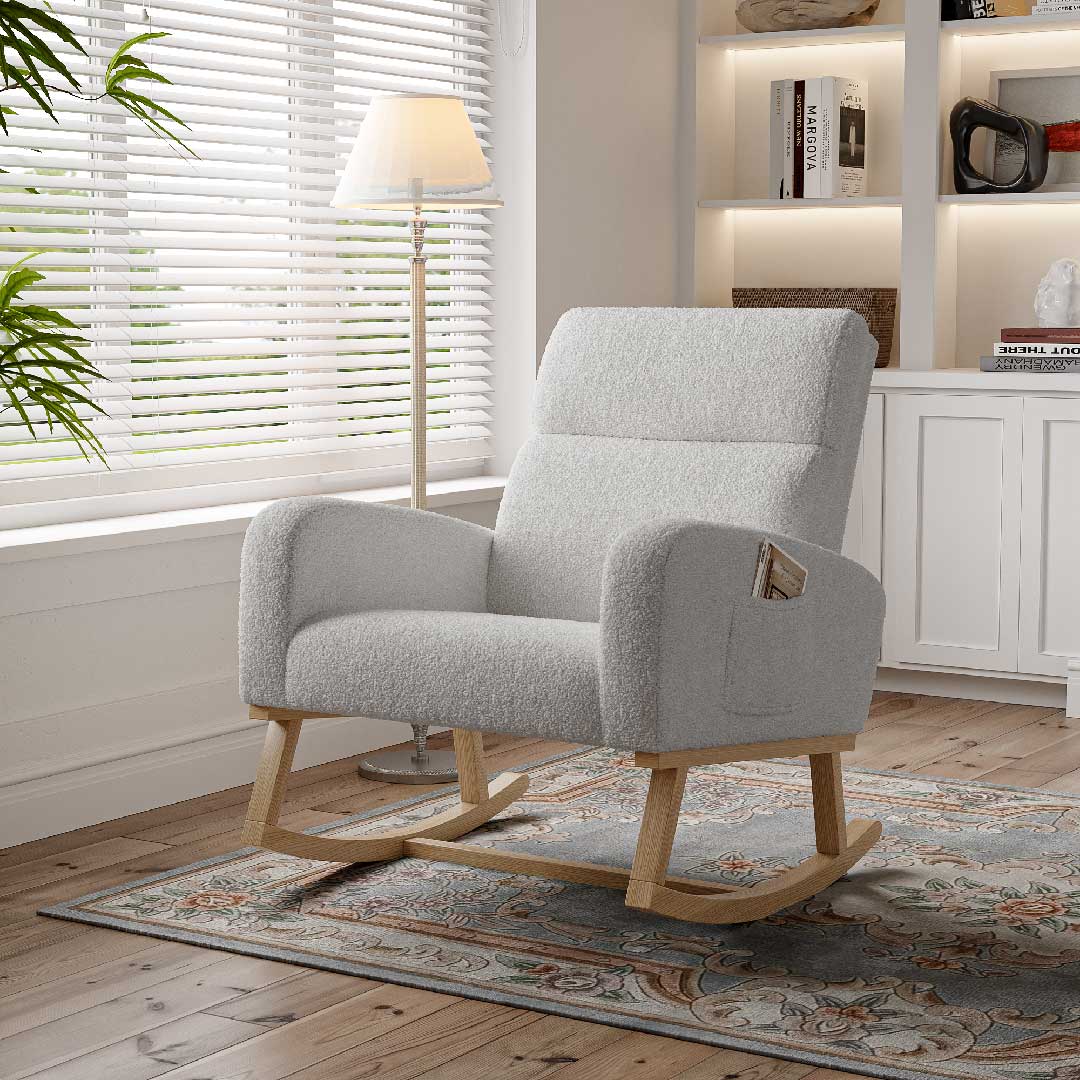 Yelenaro Schaukelstuhlsofa aus Teddy-Stoff in hellem Grau, gemütlicher Relaxsessel mit Holzsockel im Wohnbereich