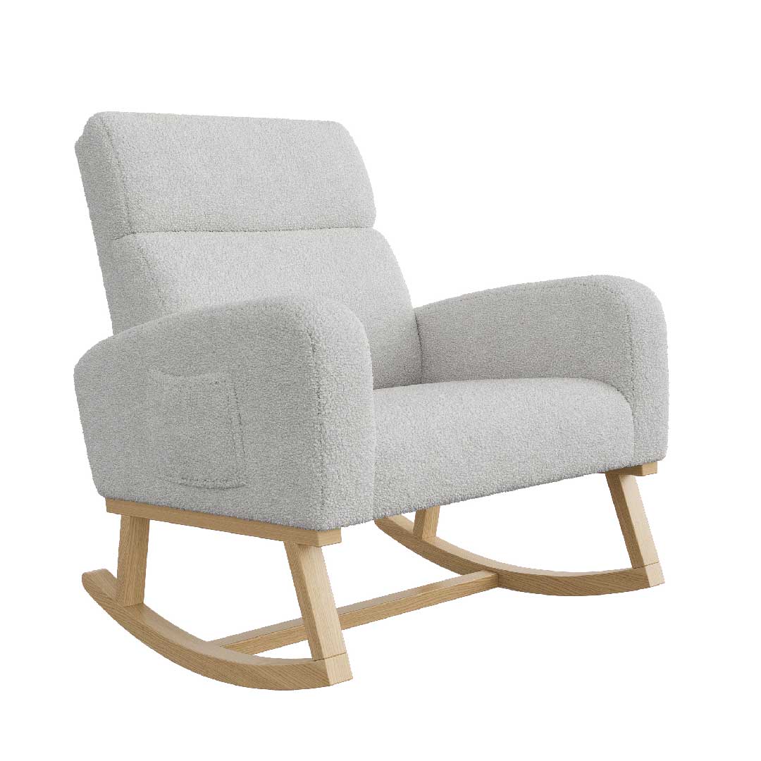 Heller Yelenaro Schaukelstuhl aus Teddy-Stoff, moderner Relaxsessel mit Holzsockel für Wohnzimmer oder Schlafzimmer