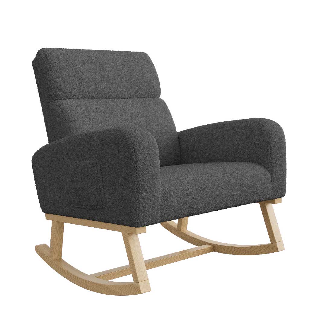 Yelenaro Schaukelstuhlsofa aus grauem Teddy-Stoff mit stabilem Holzgestell, gepolsterter Relaxsessel mit Armlehnen