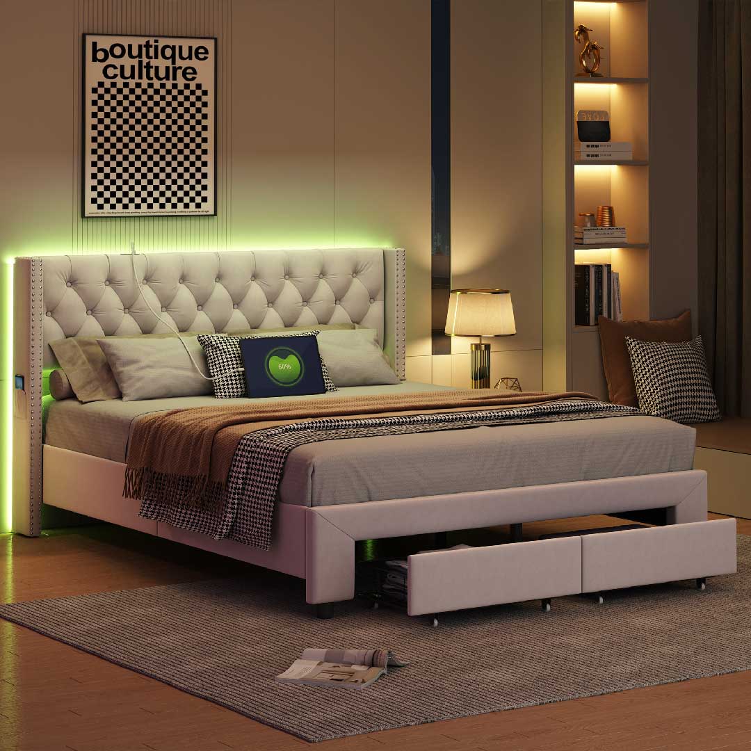 YELENARO LED-Polsterbett 160×200cm – Mit USB & Stauraum