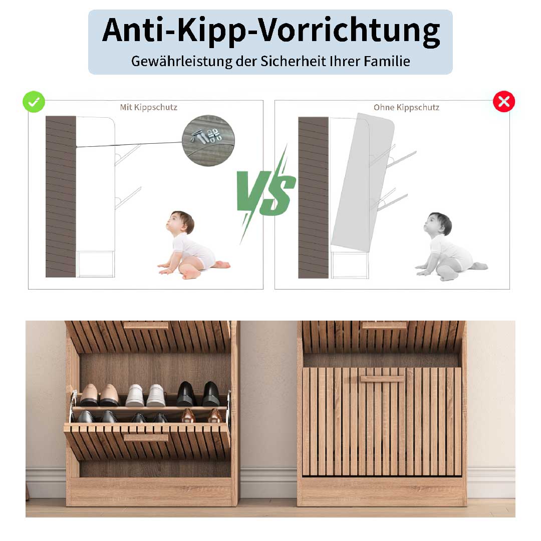 Schuhschrank mit Anti-Kipp-Vorrichtung zur sicheren Wandbefestigung im Familienhaushalt