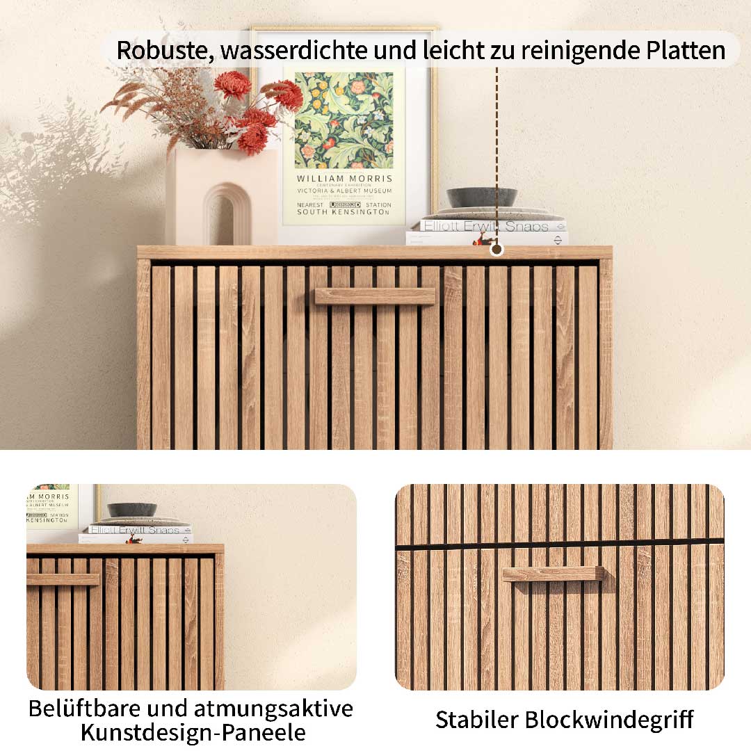 Belüftete Lamellenfront aus Holzoptik, pflegeleichte und robuste Oberfläche